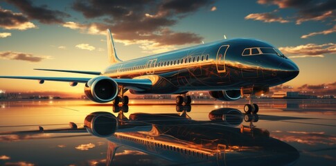 Fototapeta na wymiar Luxury car and charter liner plane in the golden sunset light
