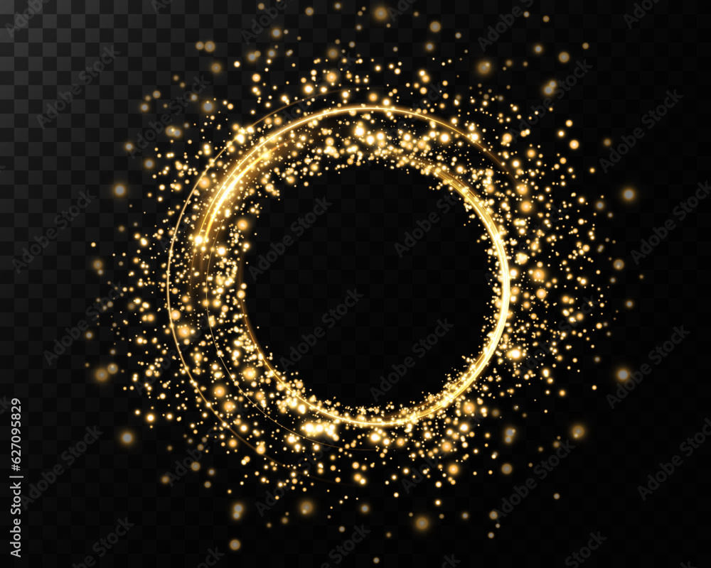 Poster light neon ring. round shape with small dust trail particles and lights, shiny frame on an isolated 