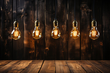 Fototapeta na wymiar Wooden background - vintage bulbs Idea, innovation, teamwork Space for text Generative AI