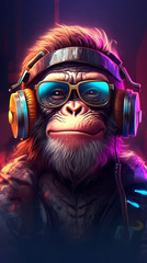 Stylish monkey in headphones listening to rap, city lights in the background. Generative AI