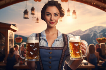 Naklejka premium Oktoberfest Tradition. Waitress wearing traditional clothes and holding beers at the festival. Sunset. German culture and celebration concept. AI Generative 