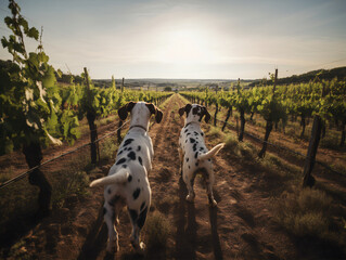 Two Dalmatian dogs in a vineyard