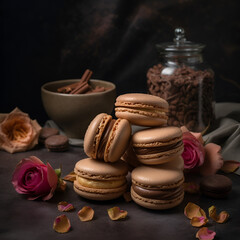 macaroon, chocolate, dessert, macaroons, french, rose, closeup