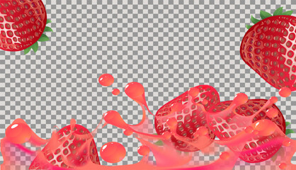 Splash of clear juice with strawberries. Horizontal illustration of splashes and fruits. 