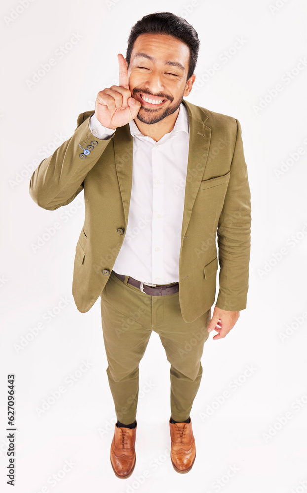 Poster smile, excited and businessman pointing up at promotion deal isolated in a white studio background f