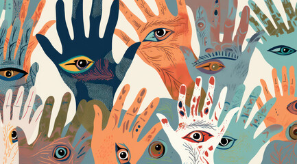 cartoon set of hand with eyes