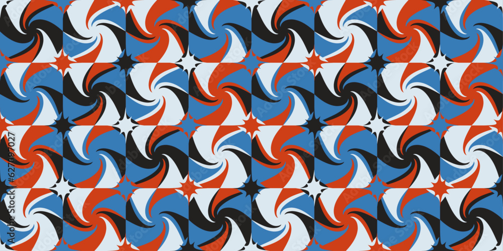 Poster colored red-blue pattern with swirling patterns. tiles with colorful funnels. black and white colors