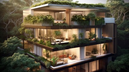 A blend of nature and architecture with a residential building. AI generated