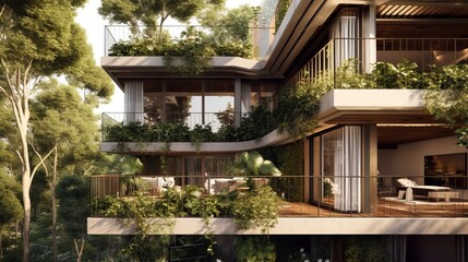 A tranquil residential building with a flat roof and greenery. AI generated