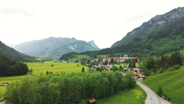 Picturesque aerial view of village of Ettal in Bavarial, Germany. Also we see Benedictine monastery or Abbey.