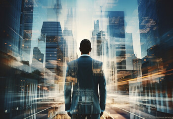 A Double Exposure of a Businessman in the Cityscape Embodies Success and Future Plans