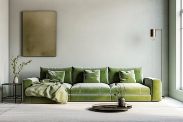 Green velvet sofa with pillows and blanket. Home interior design of modern living room.