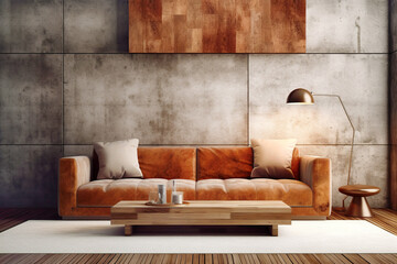 Terra cotta velvet sofa and wooden coffee table near concrete blocks paneling wall. Loft style home interior design of modern living room.