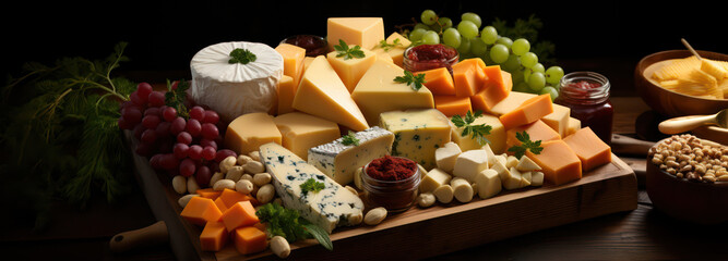 Fototapeta premium cheese section at a fancy buffet or a supermarket dairy products section as wide banner with copy space area - Generative AI