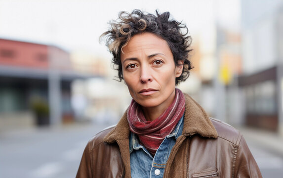 Close up portrait of hipster woman with short curly hair standing outside on street, serious expression