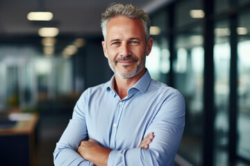 Fototapeta premium Business Leadership. Middle-Aged CEO Smiling and Standing in Office with Crossed Arms. AI Generative