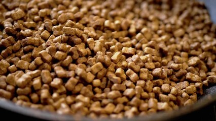 Close up, Granules of Dry Pet Food Fall into a Pile of Dry Pets Feed. Background, texture. Pet feed. Fodder. Dry food cats, and dogs. Filling background. Daylight. Macro. Slow motion. Rotation. Blur.