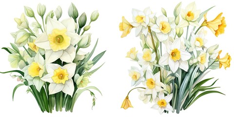 Fototapeta na wymiar Daffodil Watercolor botanical Beauty - Watercolor Daffodils - A Collection of Leaves, White and Yellow Flowers, and Buds. Nature's Generative AI Digital Illustration