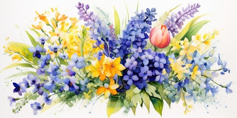 Daffodil Watercolor Spring Blossoms - Watercolor Bouquet - Daffodils, Hyacinth, Mimosa, Muscari, and Forget Me Nots on a White Canvas.    Generative AI Digital Illustration