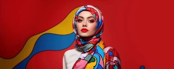 Foto op Canvas modern colorful stylish outfit photoshoot of a muslim hijab woman in dynamic shot happy and positive for modest trendy arab women fashion as wide banner with copysapce area - Generative AI © sizsus