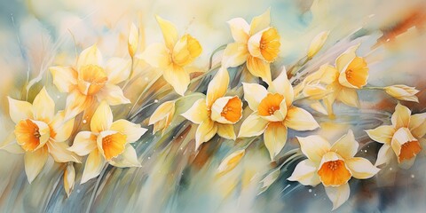 Fototapeta na wymiar Daffodil Watercolor Whimsical Blooms - Watercolor Canvas - Dance with Daffodils in an Artistic Fantasy. Let creativity bloom Generative AI Digital Illustration