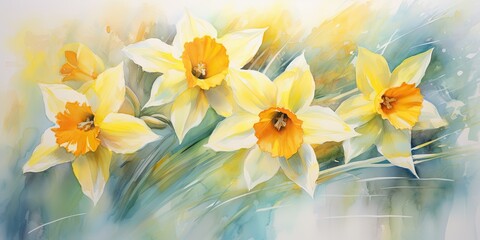 Daffodil Watercolor   Enchanted Petals - Watercolor Whirlwind - Spiraling into Daffodil's Magic. A mesmerizing spectacle. Generative AI Digital Illustration