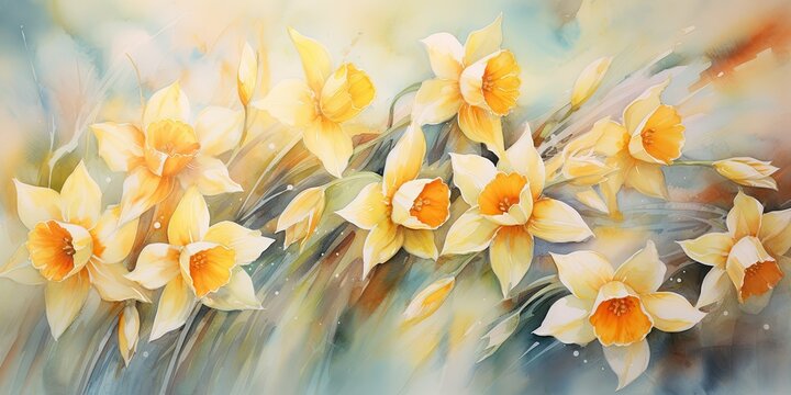 Daffodil Watercolor   Whimsical Blooms - Watercolor Canvas - Dance with Daffodils in an Artistic Fantasy. Let creativity bloom Generative AI Digital Illustration