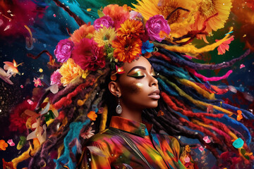 Naklejka premium Beautiful African woman in flowers
