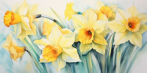 Daffodil Watercolor Sunlit Canvas - Daffodil Serenade - Capturing Nature's Radiance in Watercolor. Bathe in warmth   Generative AI Digital Illustration
