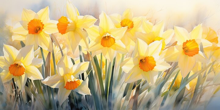 Daffodil Watercolor  Nature's Medley - Daffodil Watercolor Melody - Harmonize with Floral Artistry.  Generative AI Digital Illustration
