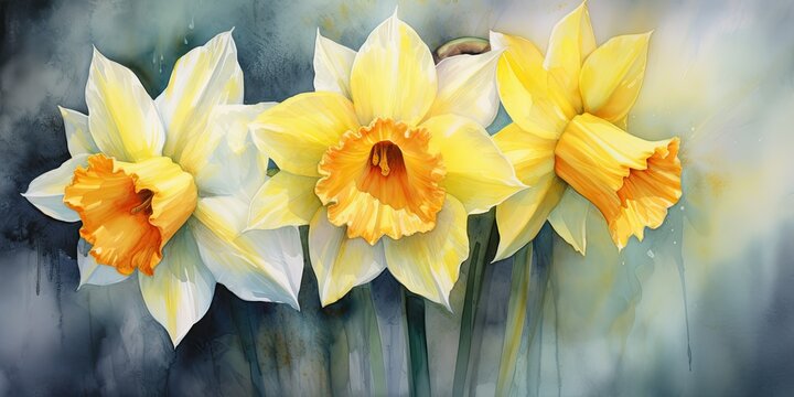 Daffodil Watercolor  Luminous Strokes - Watercolor Serenade - Illuminating Daffodils with Artistic Brilliance. Elevate your ambiance  Generative AI Digital Illustration