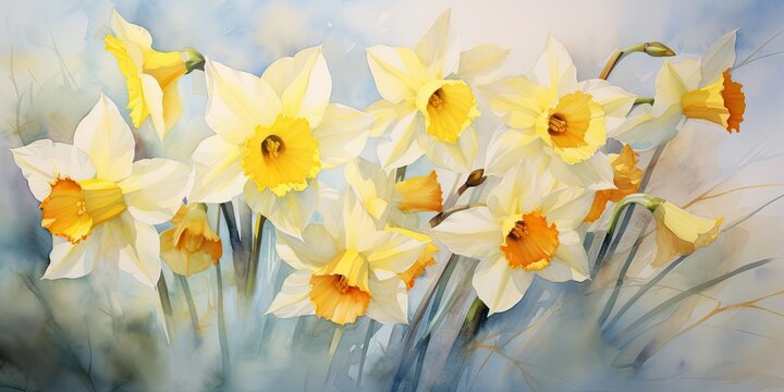 Daffodil Watercolor Captivating Petals - Watercolor Symphony - A Harmony of Daffodils to Elevate Your Collection. Discover artistic allure    Generative AI Digital Illustration