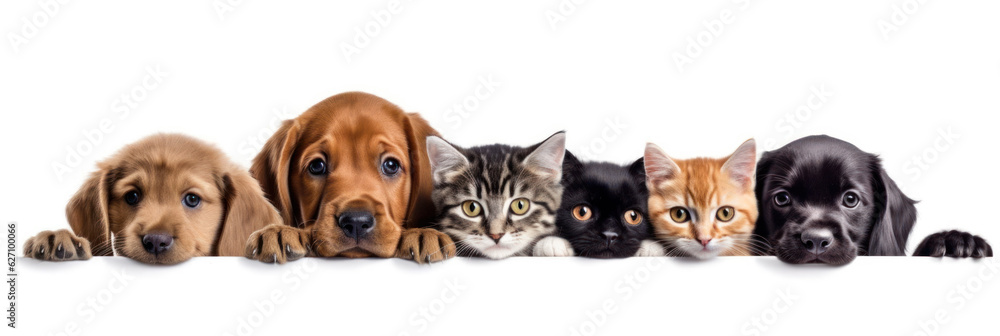 Wall mural cute puppies and kittens peeking over web banner isolated white background. generative ai