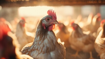 chickens in a chicken coop at a poultry farm. Generative AI