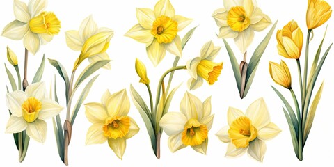 Daffodil Watercolor  Whimsical Daffodils Wreath - A Delicate Hand-Painted Watercolor Masterpiece on Pure White Canvas - Spring's Vibrant Charm Enlivens Your Space   Generative AI Digital Illustration