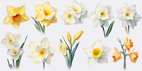 Daffodil Watercolor Enchanting Watercolor Floral Set - Embrace the Beauty of Gentle Hellebore and Daffodil Flowers - Captivating Artistry in Every Stroke    Generative AI Digital Illustration