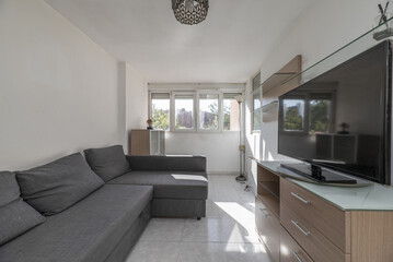 Living room of a house decorated with a sofa upholstered in gray fabric