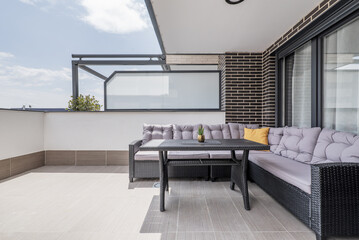 Fototapeta na wymiar solarium terrace of a house with wooden floors