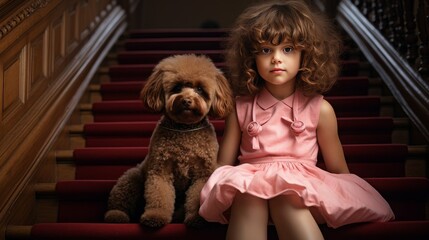 Love portrait on the stairs, pure love of two cute baby dogs and people sitting, a cute child hanging out with a pet. Animal concept. Generative AI