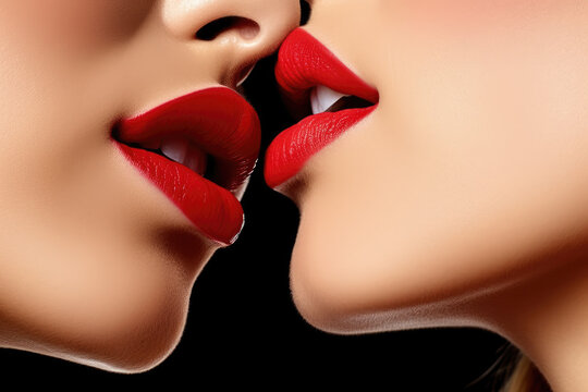 The power of a kiss, sexy beautiful lesbian couple lips closeup kissing seductive woman, erotic, glamour, sensual, lgbt, kiss concept AI Generative	