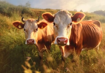 Naklejka na ściany i meble close-up Two cows graze in the meadow.Generative AI 
