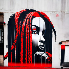 Red and black mural on a white wall