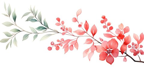  Watercolor Branches  Simple Watercolor Opal Pink and Coral Leaf Branch - Featuring Small Knop, Button Flowers in Cranberrycore Style Generative AI Digital Illustration