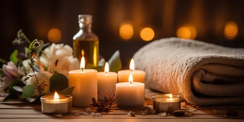 Fotobehang aromatherapy ,spa massage salon,romantic spa cozy atmosfear candle blurred light pink flowers relaxing ,salon background © Aleksandr