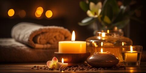 aromatherapy ,spa massage salon,romantic spa cozy atmosfear candle blurred light pink flowers relaxing ,salon background - 627101845