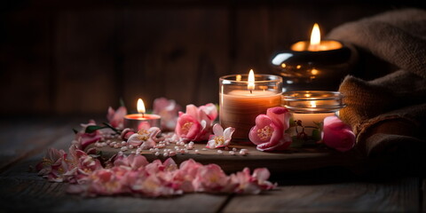 aromatherapy ,spa massage salon,romantic spa cozy atmosfear candle blurred light pink flowers relaxing ,salon background