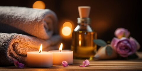 Fototapeta na wymiar aromatherapy ,spa massage salon,romantic spa cozy atmosfear candle blurred light pink flowers relaxing ,salon background