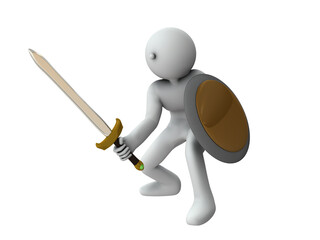 剣と盾を構える戦士。古風な剣と丸い盾。戦いと強い意志。