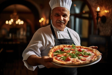 Taste of Italy. A pizzaiolo Chef from Naples Showcasing a Delicious Piping Hot Pizza. Copy Space. Neapolitan Margherita Gastronomy AI Generative	
