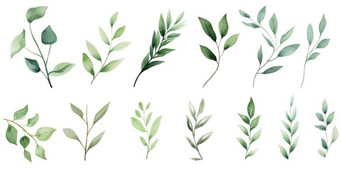 Watercolor Branches   Simplified Watercolor Set of Green Branches - Isolated on a Clean White Background  Generative AI Digital Illustration